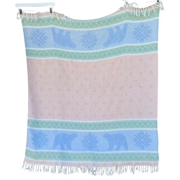 Vintage Fieldcrest Winter Theme Woven Blanket Polar Bear Snowflake Fringe Pastel - Picture 2 of 13